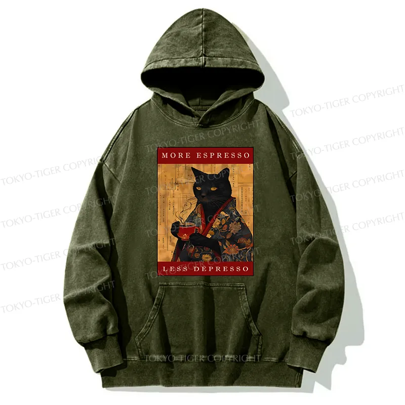 Tokyo-Tiger More Espresso Less Depresso Cat Washed Hoodie