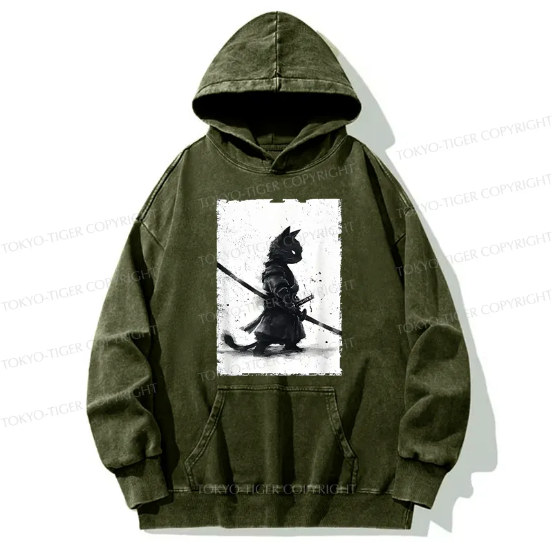 Tokyo-Tiger Retro Cat Samurai Japanese Washed Hoodie