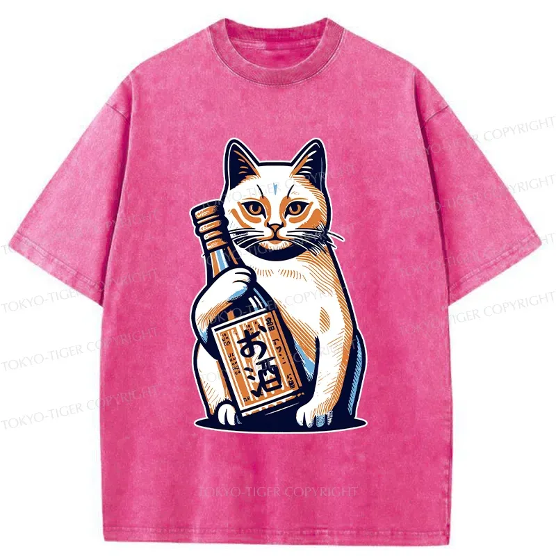 Tokyo-Tiger Cat Holding Wine Washed T-Shirt