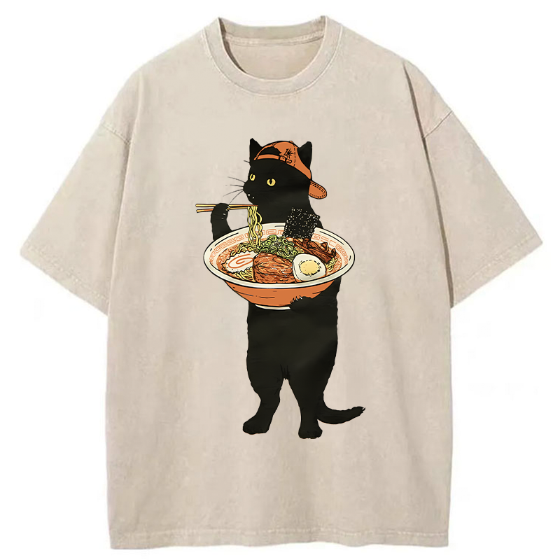 Tokyo-Tiger Ramen Enthusiast Cat Washed T-Shirt