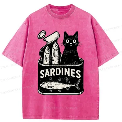 Tokyo-Tiger Cat And Canned Fish Washed T-Shirt