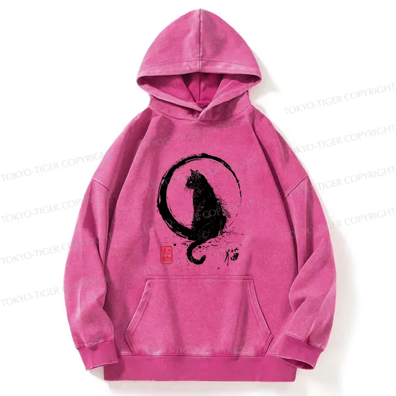 Tokyo-Tiger Retro Japanese Black Cat Washed Hoodie