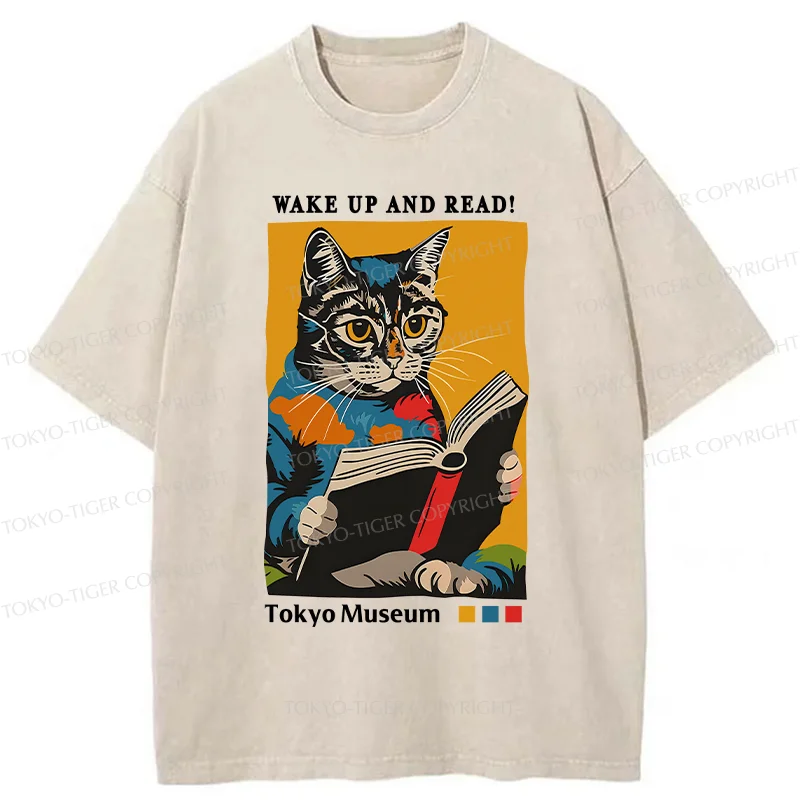 Tokyo-Tiger Cat Reading Washed T-Shirt