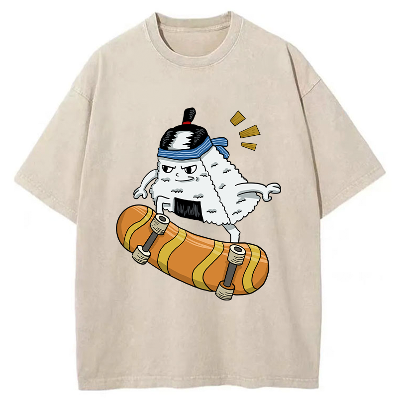 Tokyo-Tiger Skateboard Lover Rice Ball Washed T-Shirt