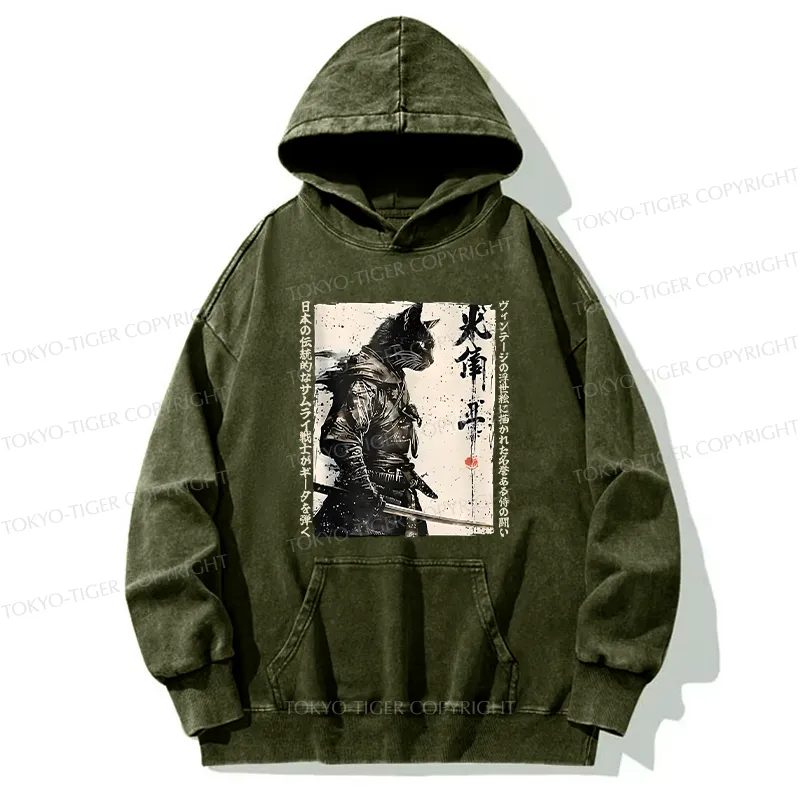 Tokyo-Tiger Cat Samurai Retro Washed Hoodie
