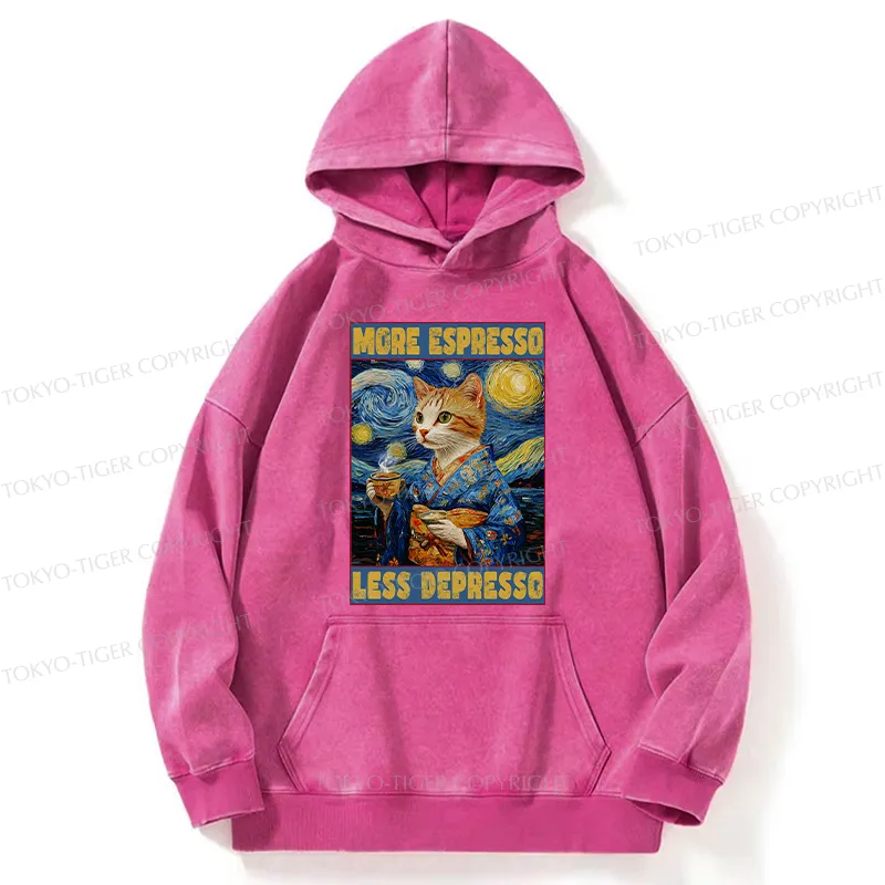 Tokyo-Tiger Funny More Espresso Less Depresso Washed Hoodie