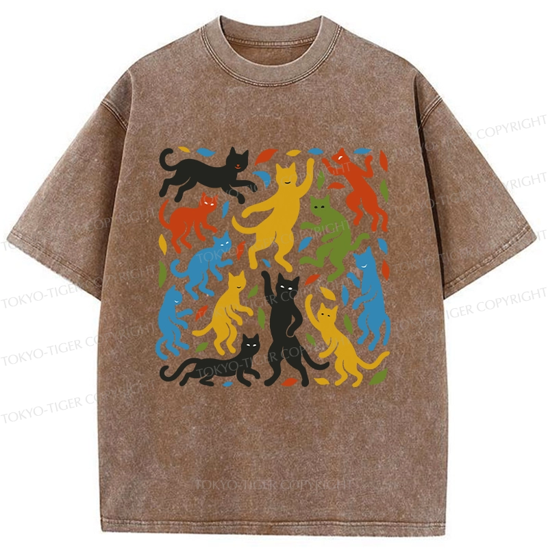 Tokyo-Tiger Funny Dancing Cat Washed T-Shirt