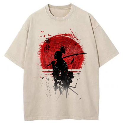 Tokyo-Tiger Japanese Blood Moon Samurai Washed T-Shirt