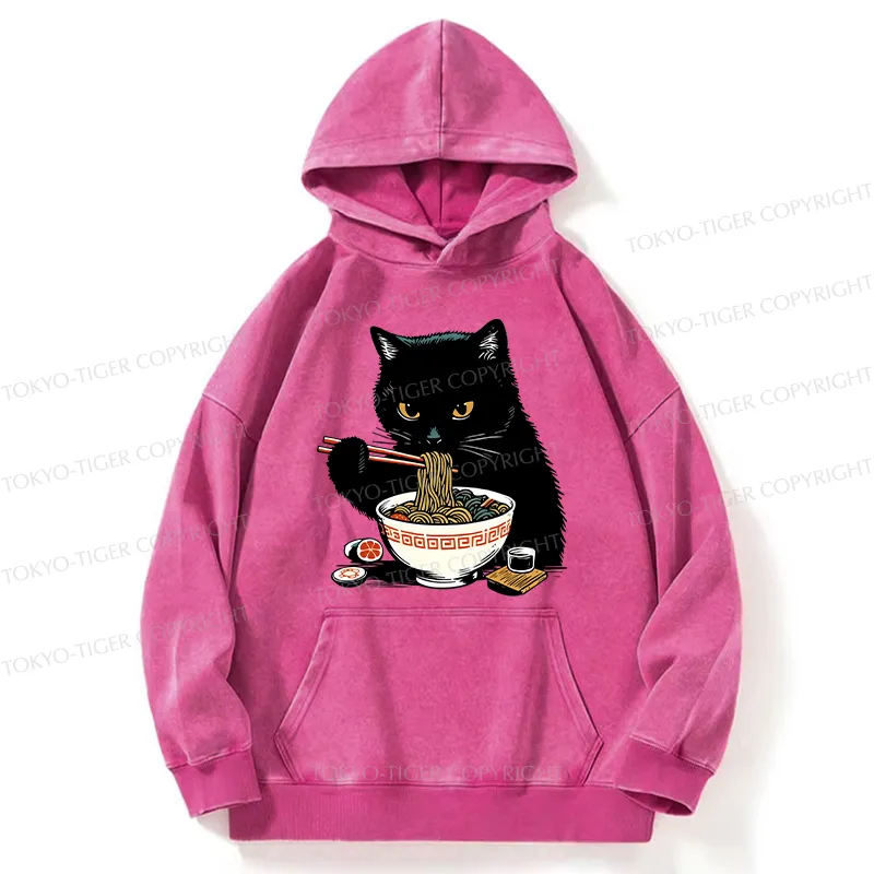 Tokyo-Tiger Cat Eating Favorite Ramen Washed Hoodie