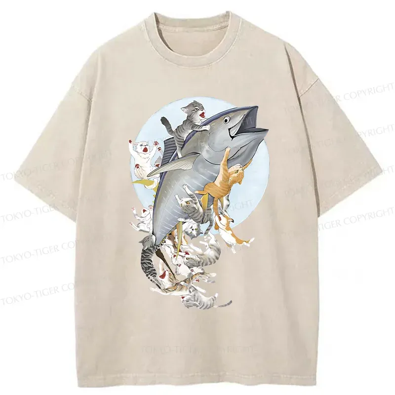 Tokyo-Tiger Cats Caught Tuna Washed T-Shirt