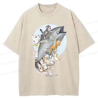 Tokyo-Tiger Cats Caught Tuna Washed T-Shirt
