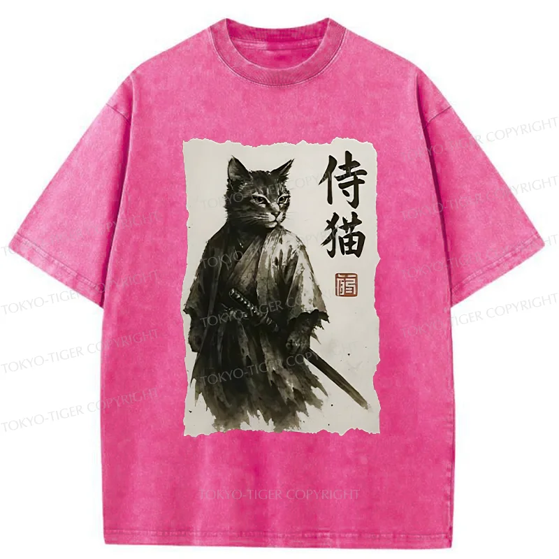 Tokyo-Tiger Cat Japanese Samurai Washed T-Shirt