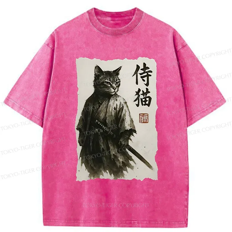 Tokyo-Tiger Cat Japanese Samurai Washed T-Shirt