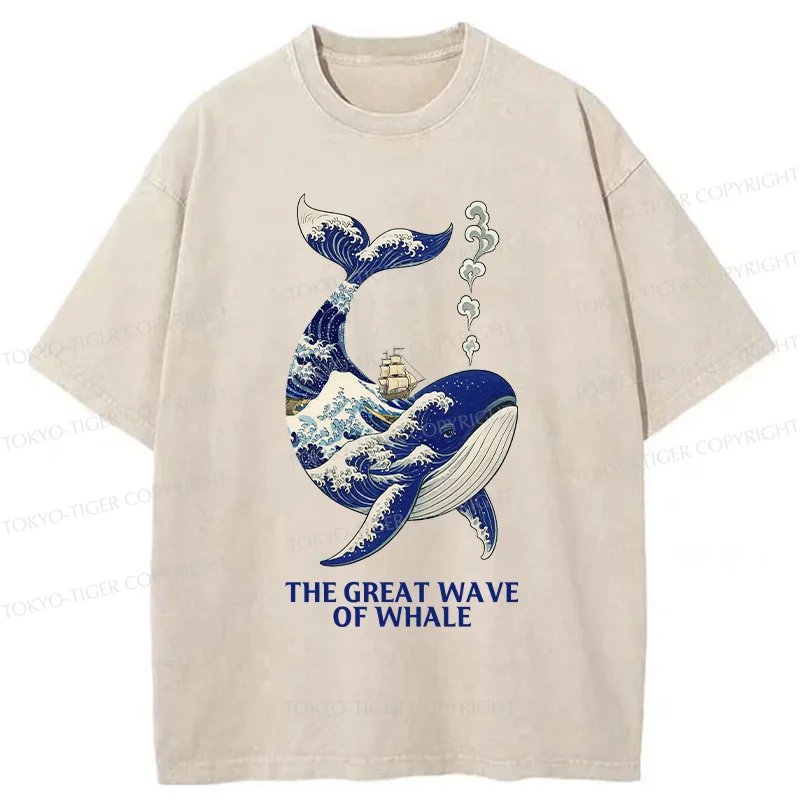Tokyo-Tiger Ukiyoe Wave Whale Washed T-Shirt