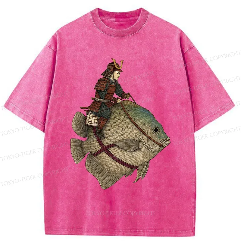 Tokyo-Tiger Samurai Riding A Fish Washed T-Shirt