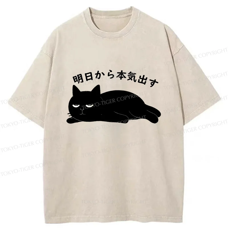Tokyo-Tiger Lazy Cat Kanji Washed T-Shirt