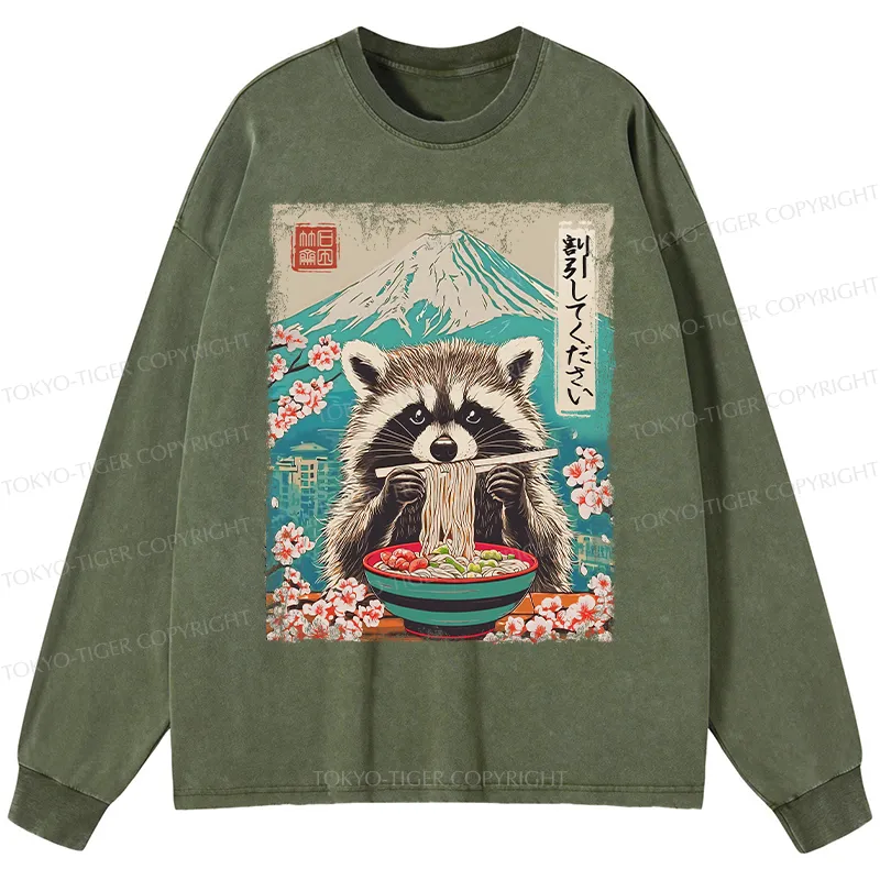 Tokyo-Tiger Please Give Raccoon A Discount Washed Long Sleeve T-Shirt