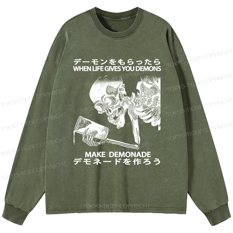 Tokyo-Tiger Make Demonade Funny Washed Long Sleeve T-Shirt