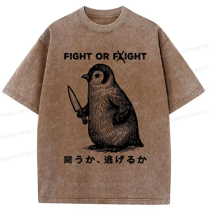 Tokyo-Tiger Funny Fight Or Flight Washed T-Shirt
