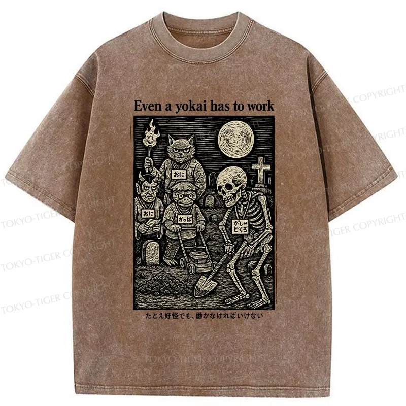 Tokyo-Tiger Even A Yokai Has To Work Washed T-Shirt