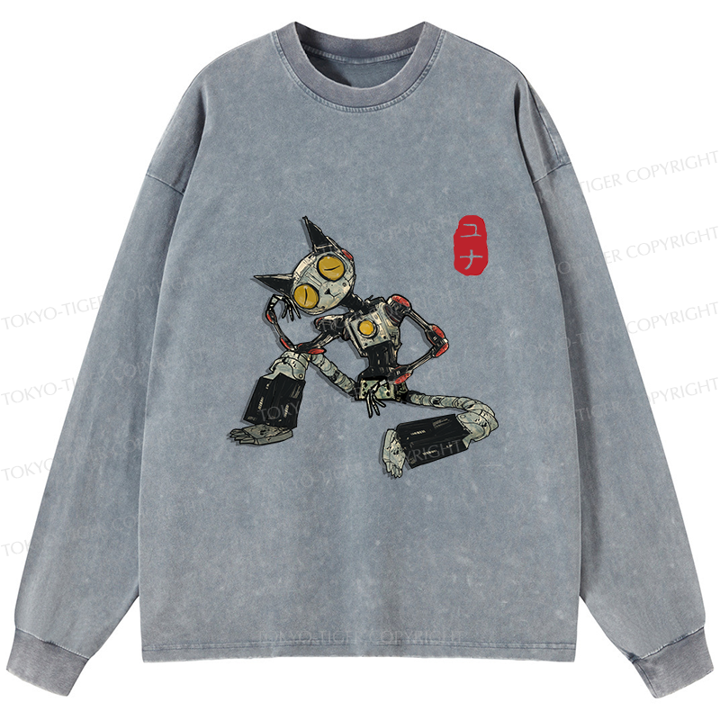 Tokyo-Tiger Contemplative Robot Cat Washed Long Sleeve T-Shirt