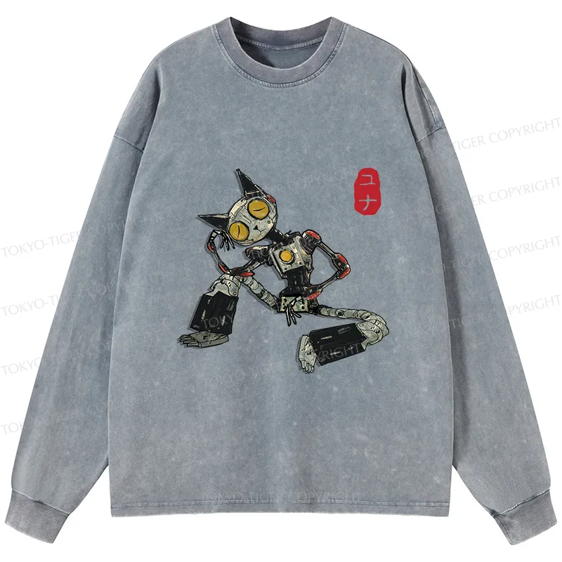 Tokyo-Tiger Contemplative Robot Cat Washed Long Sleeve T-Shirt
