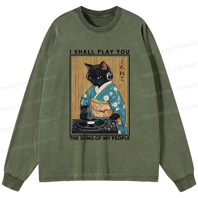 Tokyo-Tiger Funny Playing Music Black Cat Washed Long Sleeve T-Shirt