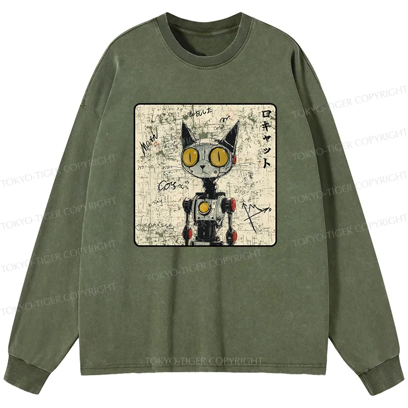 Tokyo-Tiger Robot Cat Washed Long Sleeve T-Shirt