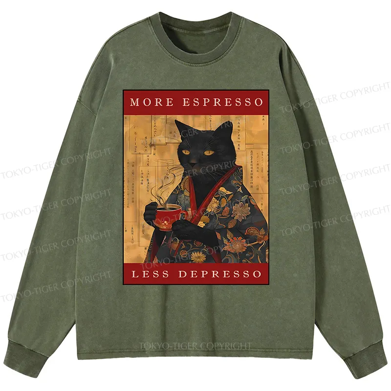 Tokyo-Tiger More Espresso Less Depresso Cat Washed Long Sleeve T-Shirt