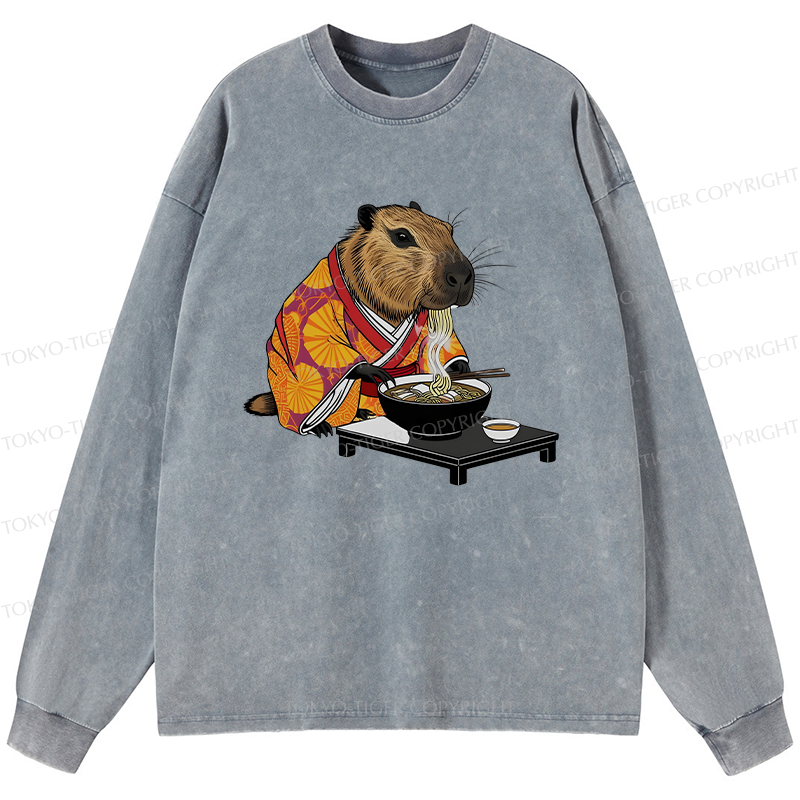 Tokyo-Tiger Cute Capybara Eating Ramen Washed Long Sleeve T-Shirt