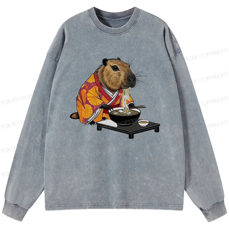 Tokyo-Tiger Cute Capybara Eating Ramen Washed Long Sleeve T-Shirt