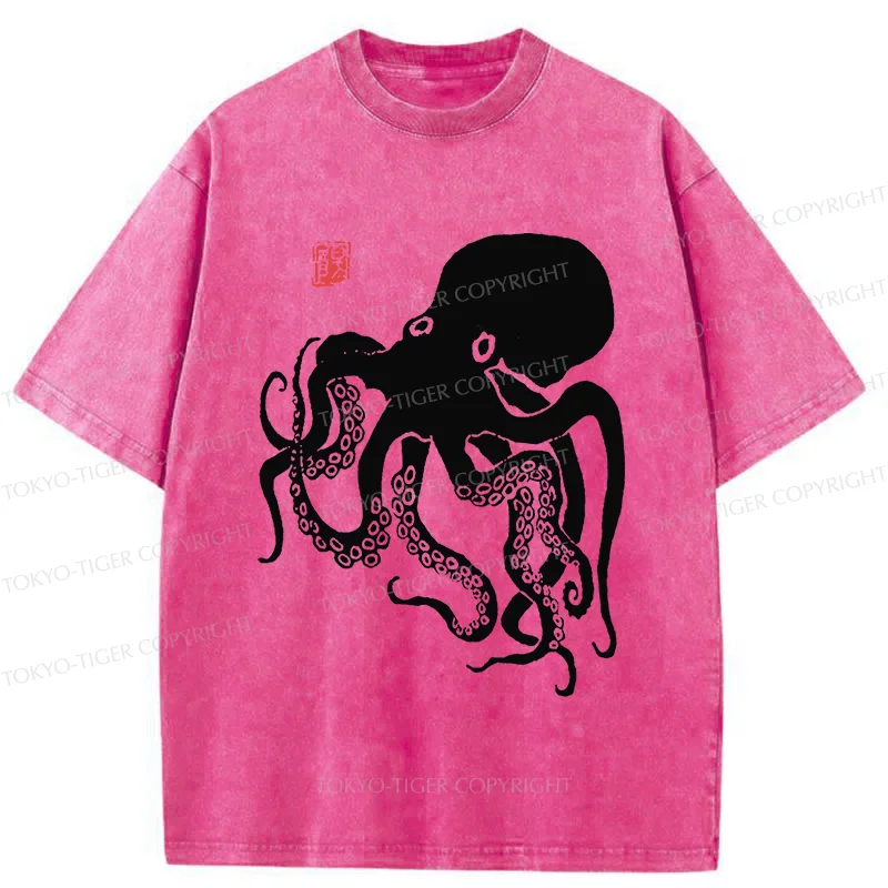 Tokyo-Tiger Retro Japanese Octopu Washed T-Shirt