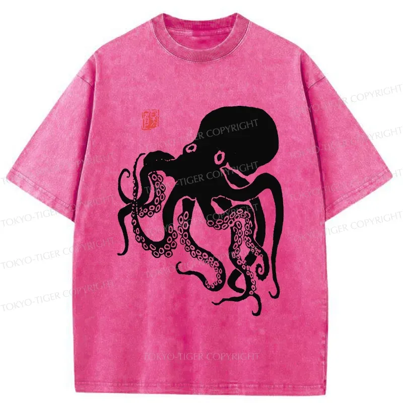 Tokyo-Tiger Retro Japanese Octopu Washed T-Shirt