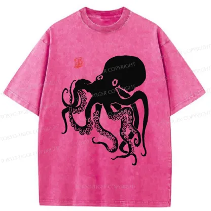 Tokyo-Tiger Retro Japanese Octopu Washed T-Shirt