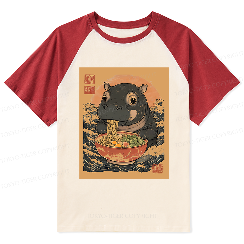 Tokyo-Tiger Moo Deng Eat Ramen Raglan T-shirt