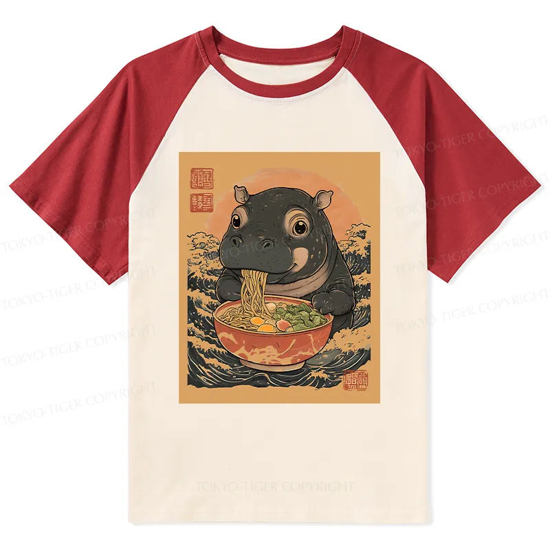 Tokyo-Tiger Moo Deng Eat Ramen Raglan T-shirt