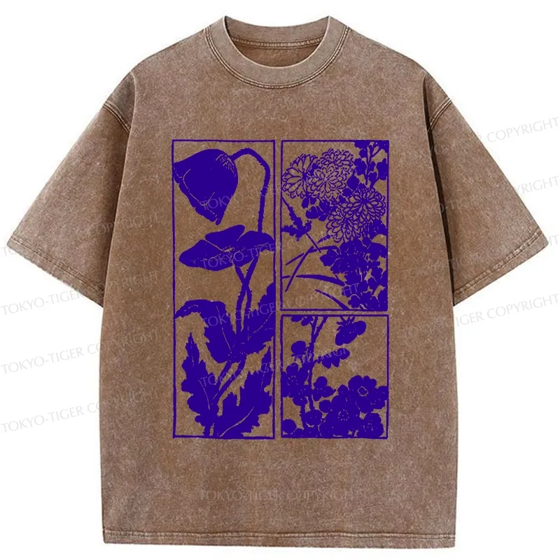 Tokyo-Tiger Woodcut Flowers Washed T-Shirt
