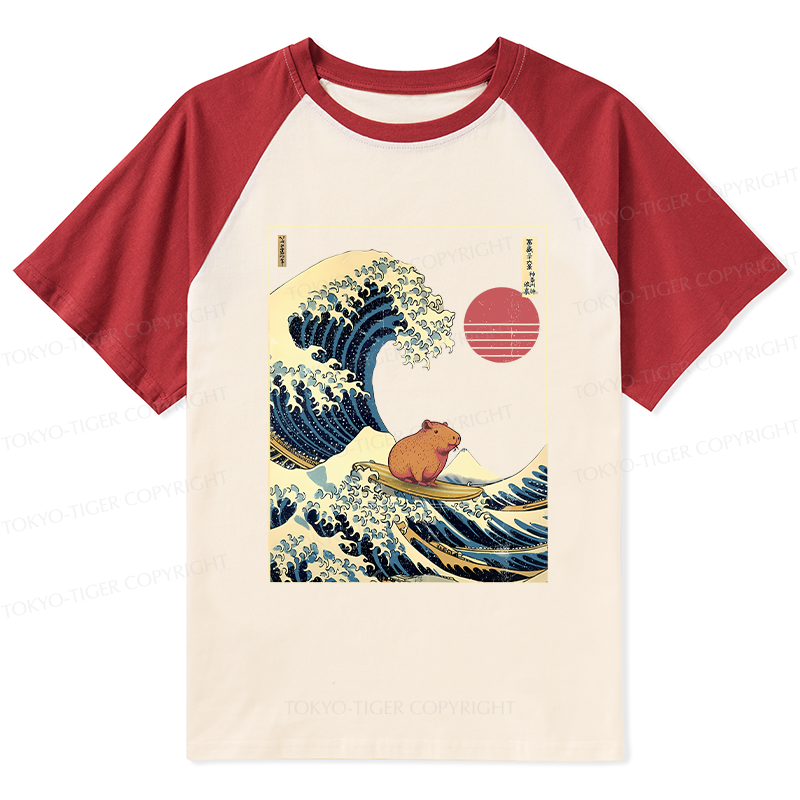Tokyo-Tiger Capybara Surfing Raglan T-shirt