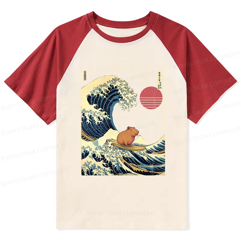 Tokyo-Tiger Capybara Surfing Raglan T-shirt