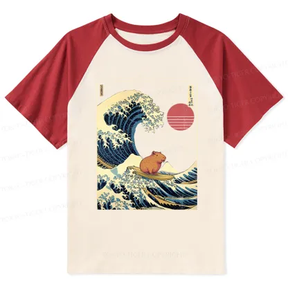 Tokyo-Tiger Capybara Surfing Raglan T-shirt