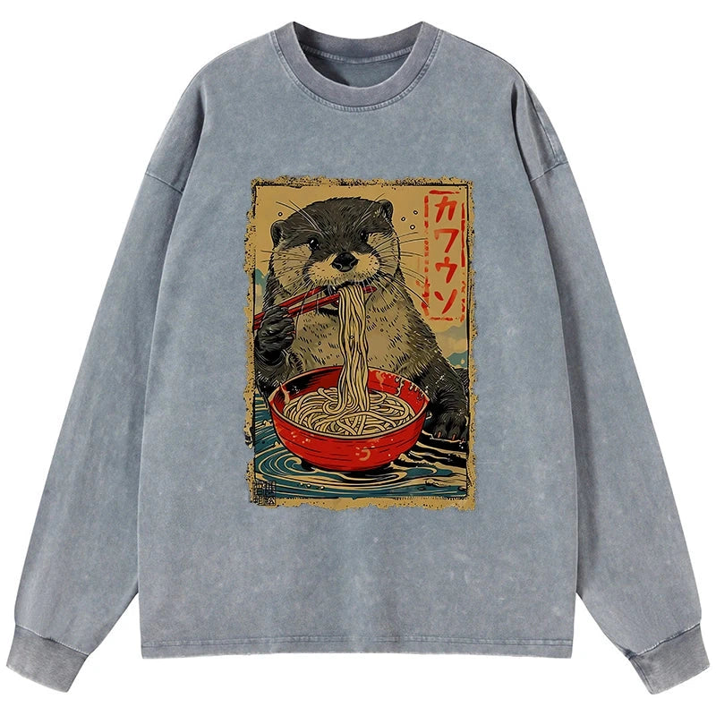 Tokyo-Tiger Otter Eating Ramen Japan Washed Long Sleeve T-Shirt