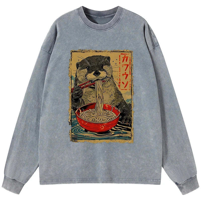 Tokyo-Tiger Otter Eating Ramen Japan Washed Long Sleeve T-Shirt