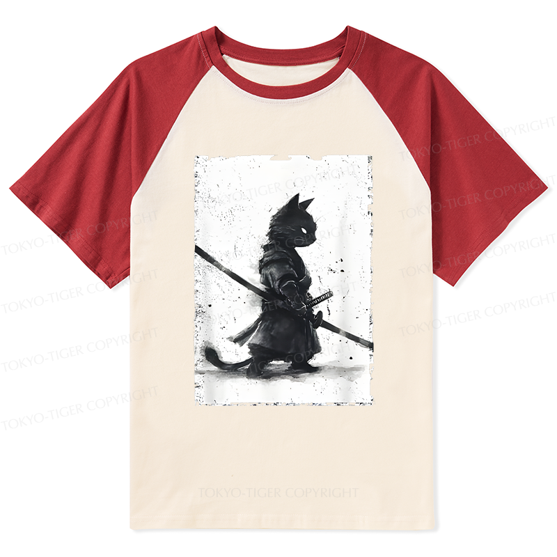 Tokyo-Tiger Retro Cat Samurai Japanese Raglan T-shirt