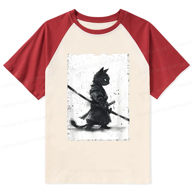 Tokyo-Tiger Retro Cat Samurai Japanese Raglan T-shirt