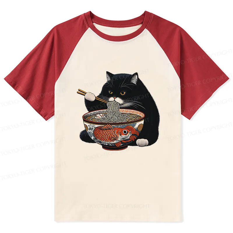 Tokyo-Tiger Fat Cat Eating Ramen Raglan T-shirt