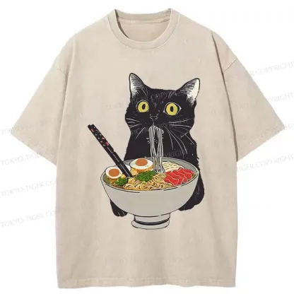 Tokyo-Tiger Cat Eating Hearty Ramen Washed T-Shirt