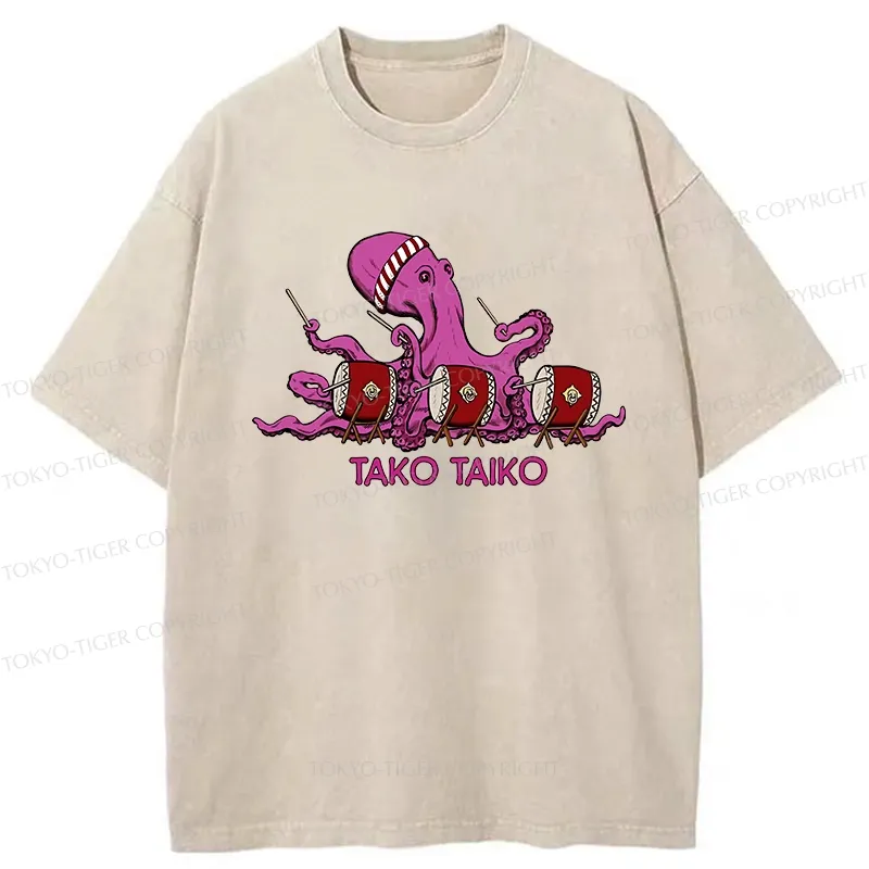 Tokyo-Tiger Funny Octopus Playing Taiko Washed T-Shirt