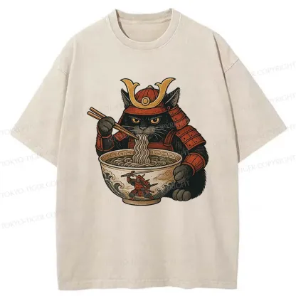 Tokyo-Tiger Cat General Eats Ramen Washed T-Shirt