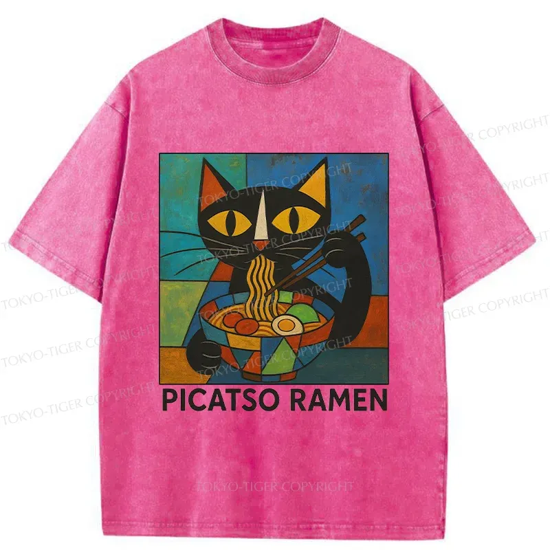Tokyo-Tiger Abstract Cat Eating Ramen Washed T-Shirt