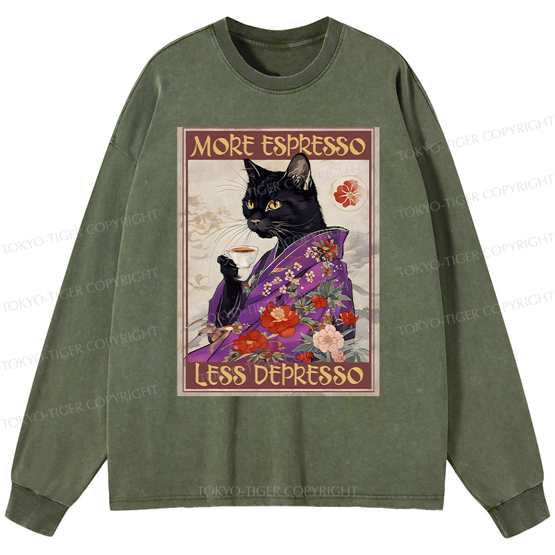 Tokyo-Tiger Japanese Cat Drinking Coffee Washed Long Sleeve T-Shirt